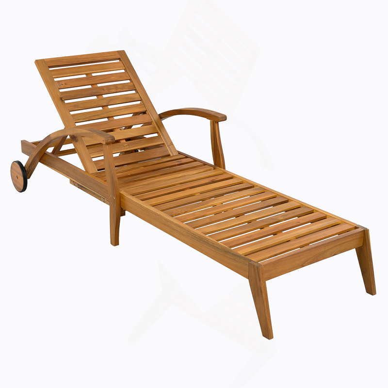 Chaise Lounge With Wheel - Acacia Wood Recliner For Patio/Garden, With 2Inch White Cushion, 4-Position Adjustable Backrest, Versatile Outdoor Furniture