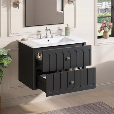 Modern Floating Bathroom Vanity with Oval Knobs,Soft-Close Drawers,and Ceramic Sink for Compact Spaces