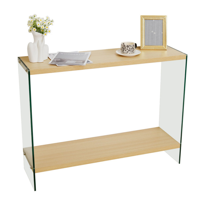  Rectangular Tempered Glass Console Table Entryway Storage Table With Wood-toned Mdf Top And Storage Shelf For Hallway, Living Room, Foyer, Apartment, Office