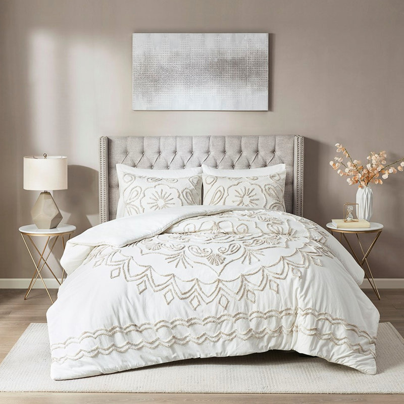 Housse de couette en coton chenille - double / grand, lavable à la machine, 3 pièces avec bouton double / grand