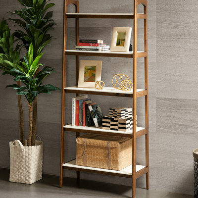 5-Shelf Mid-Century Bookcase With Solid Wood Foundation And Shelf Elegant Details