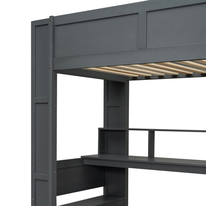 Lit mezzanine simple en bois avec bureau, rangement multiple, DEL, charge - gris foncé