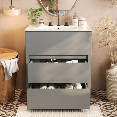 Meuble-lavabo 30 po avec lavabo en céramique et 2 tiroirs pleine extension, meuble-lavabo autoportant avec poignée libre à 45 °, glissières de tiroir à fermeture en douceur