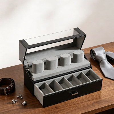 Boîtier de montre pour homme, présentoir de montre à 10 emplacements avec couvercle en acrylique, boîte de montre à 2 couches avec tiroir, organisateur de montre en cuir PU pour hommes et femmes