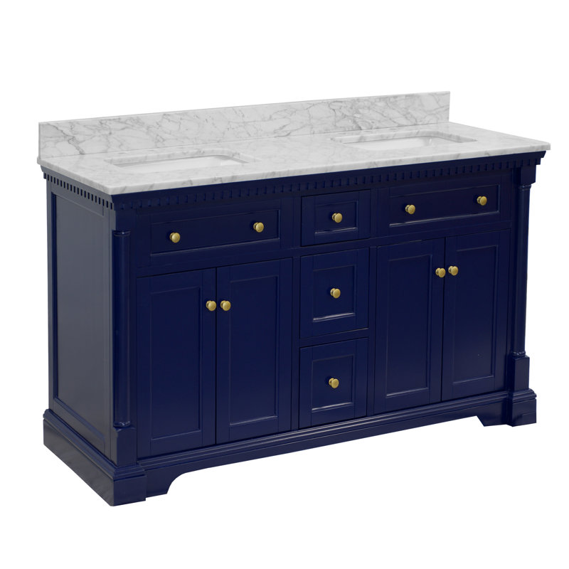 Ensemble de meuble-lavabo double 60 po avec armoire bleu royal et comptoir en marbre de Carrare, Bleu royal