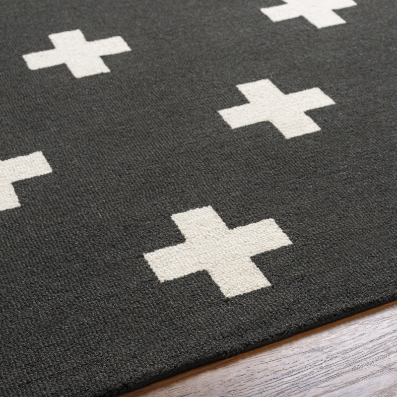 Tapis noir en laine touffeté à la main à motif géométrique Cavan, Rectangle 3 pi x 5 pi