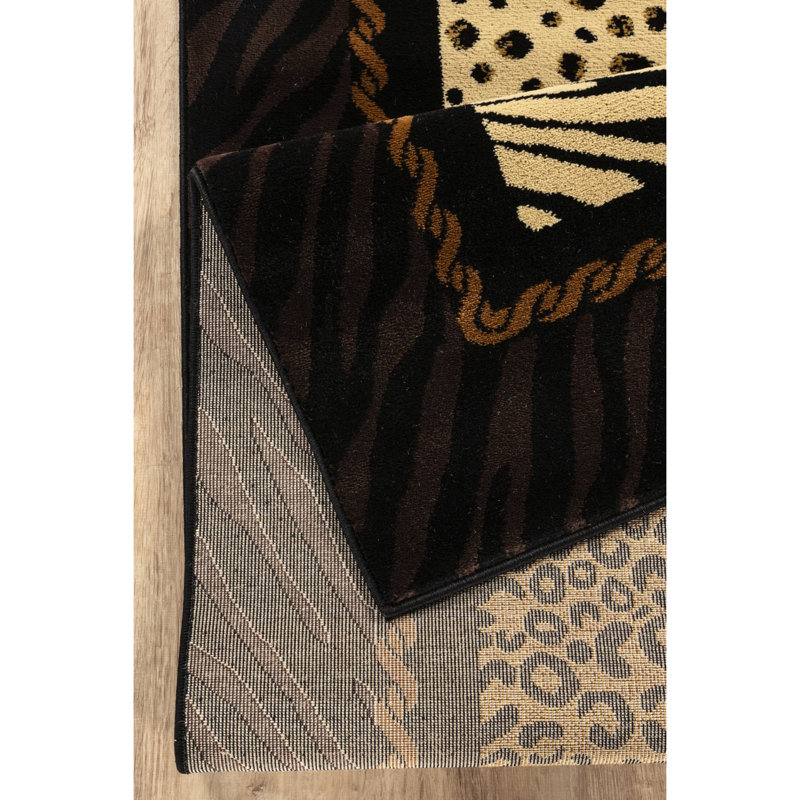 2 Ft. X 3 Black Multi Animal Print Rug Featuring Zebra And Tiger Motifs, Machine-Made, Mountain Lodge Rustic Style, Stain , For Home, 100% Polypropylene Rectangle Area In With Patterns, Wild