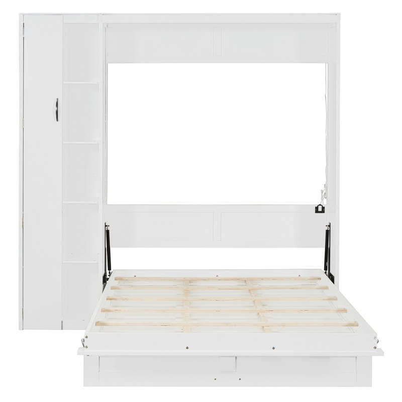 Murphy Bed With Shelves, Wardrobe, And LED Lights, Full, White
