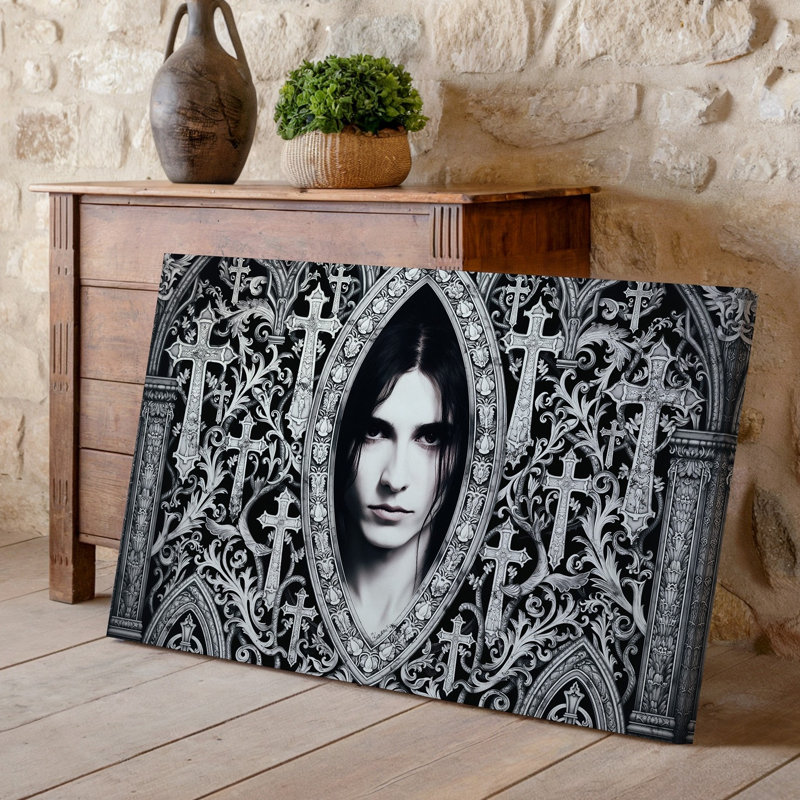Toile, composition gothique complexe et obsédante avec une figure centrale avec art mural cheveux foncés et peau pâle partiellement