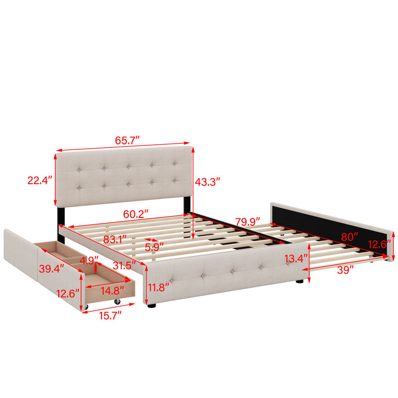 Grand lit plateforme tapissier avec 2 tiroirs et un lit gigogne, Beige foncé