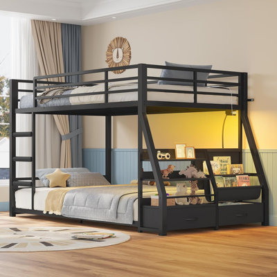 Low Bunk Bed With Sling Bookshelves, Storage Drawers & Power Outlet, Led Metal Floor Bunk Twin Over Twin With Full-length Guardrail & Metal Slats