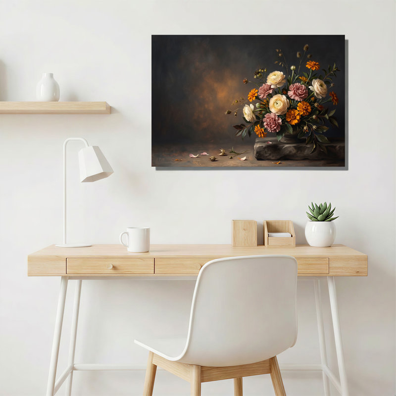 Art mural sur toile crème et roses avec des soucis oranges sur pierre, 36"H x 48"W