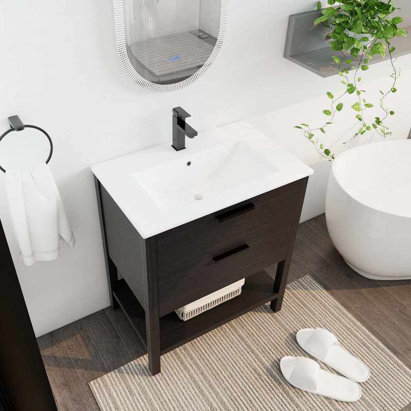 Contreplaqué de meuble-lavabo de salle de bain avec 2 tiroirs, Imitation chêne, Blanc