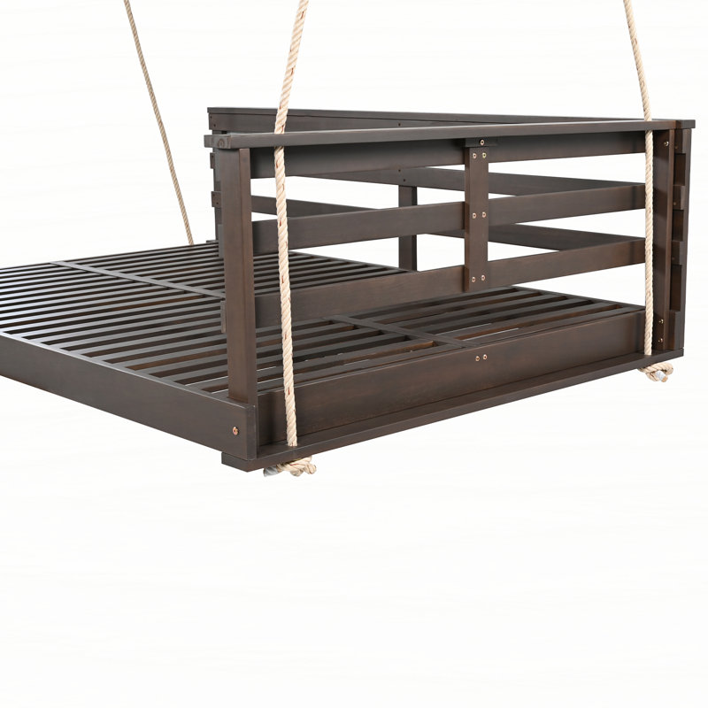 Acacia Wood Porch Swing Bed for Outdoor with Hemp Ropes - Full Size Patio Hanging Bed, 350lbs Capacity, Open-Side Minimalist Design for Patio, Backyard, Garden