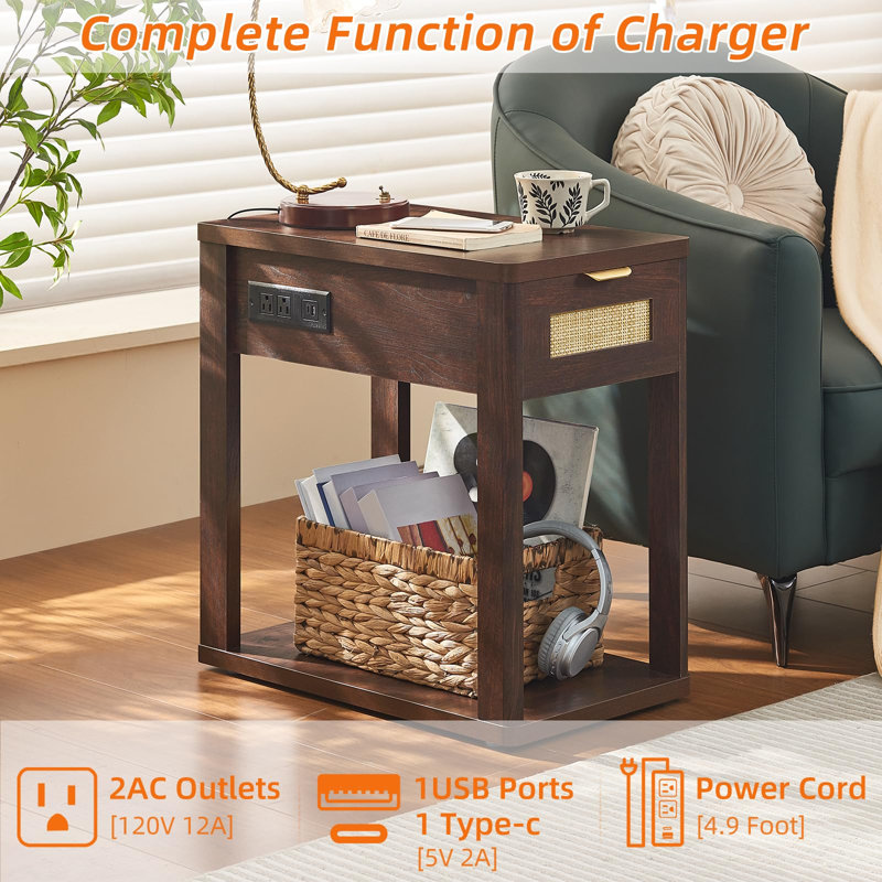 Narrow Side Table with Charging Station, 24'' Rattan Night Stand with Drawer Storage, Bedside End Table with Metel Handle for Small Spaces, Wood Boho Nightstand for Living Room Bedroom (Walnut)