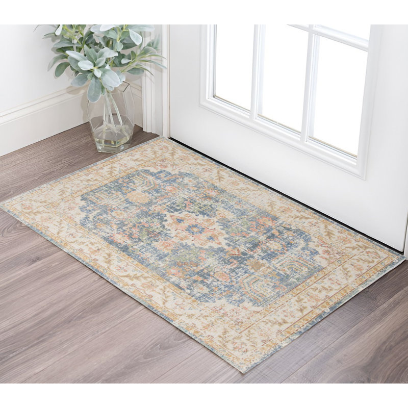 Tapis oriental délavé 2 pi x 3 pi bleu et corail tissé à la machine