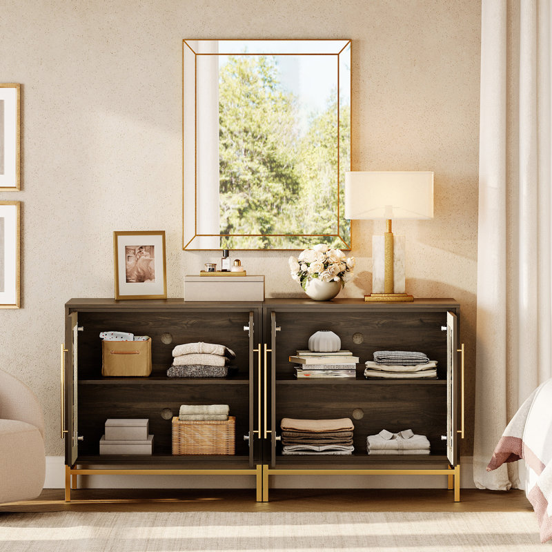 Modern Glass Sideboard Cabinet - Leather Texture, Metal Legs, Soft-Close Hinges, Extra Deep Storage For 16" Dinner Plates, Dining Room Buffet