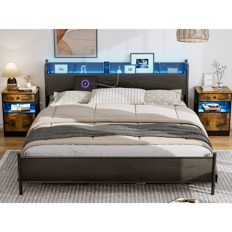 California King Black Metal and Wood Bed Frame with LED Lights and Storage