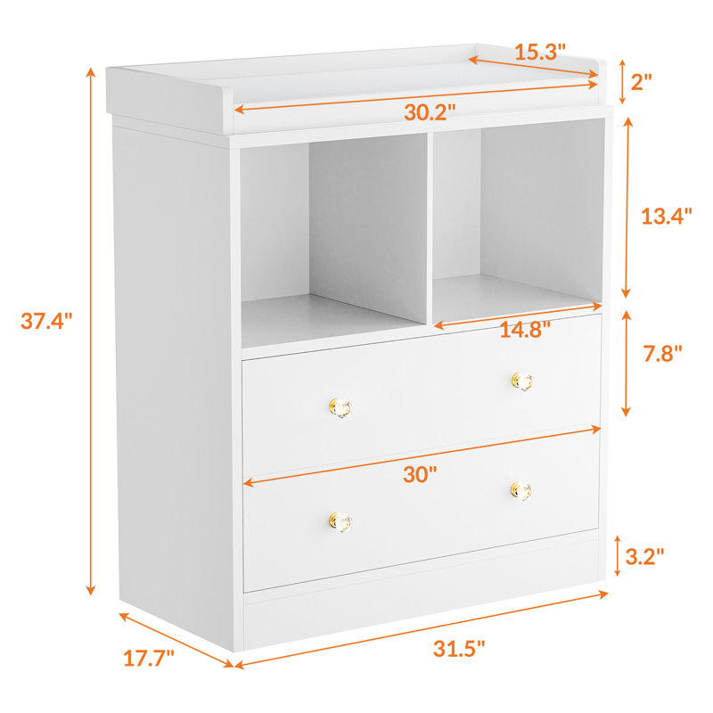 Changing Table With Pad, Modern Changing Station With 2 Drawers and 2 Open Compartments, White