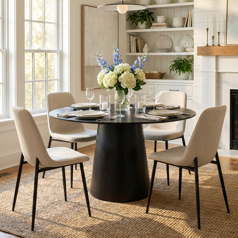 4 - Person Dining Table Sets With Round Table & 4 Upholstered Chenille Chairs, Beige
