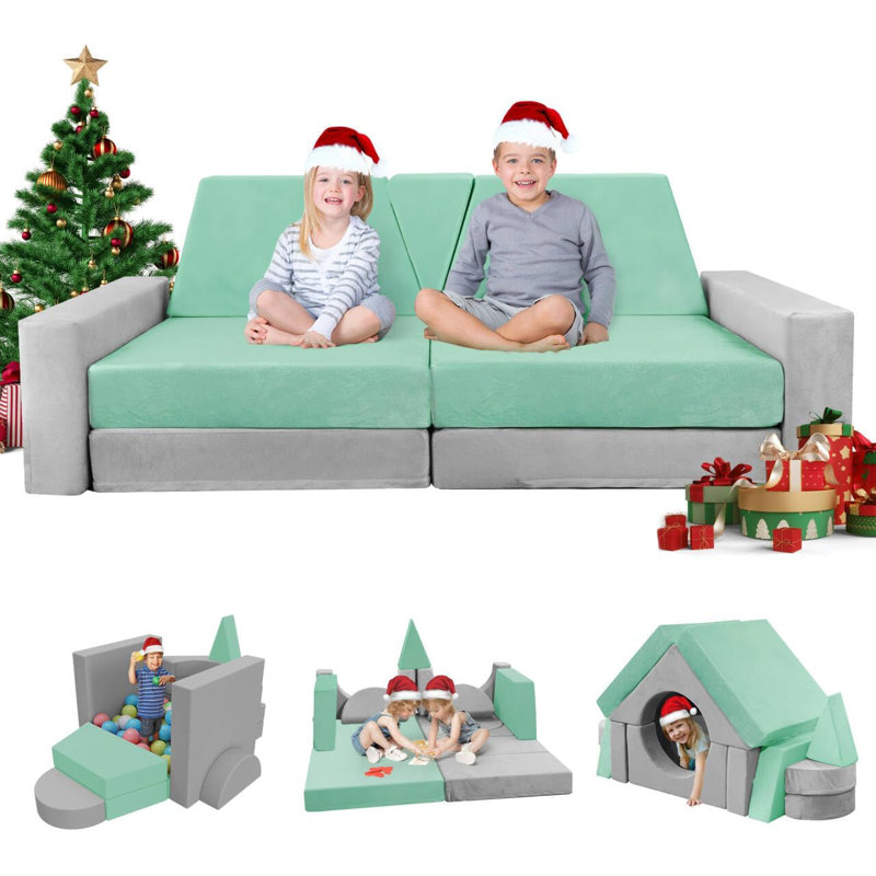 Couch Kids For Toddler & Children, Kids Couch Fort Building Kit For Playroom Furniture, Gray/Geen