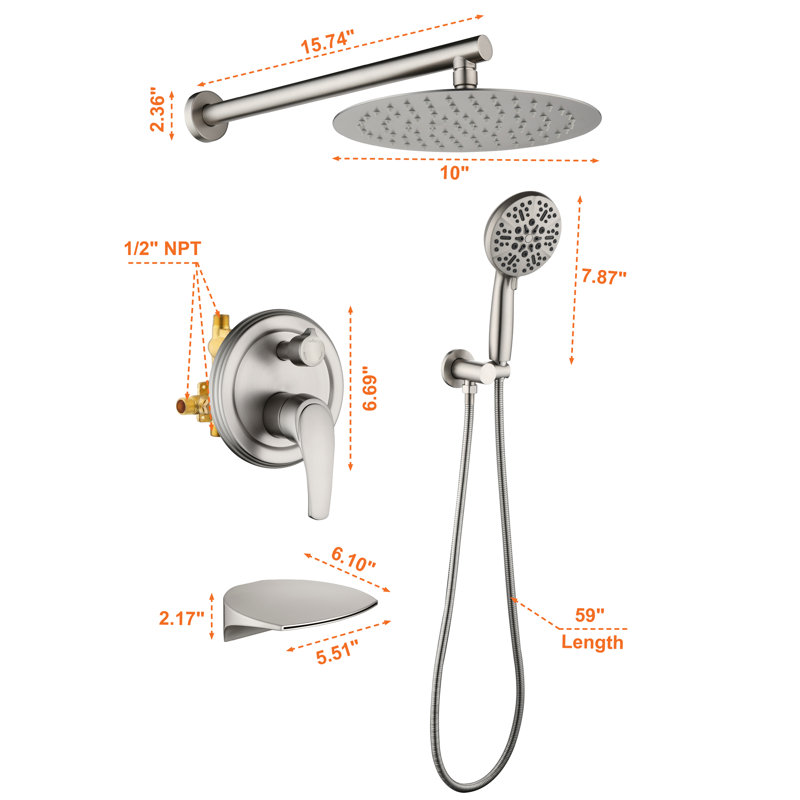 Robinet de baignoire et de douche à valve brute, Nickel brossé