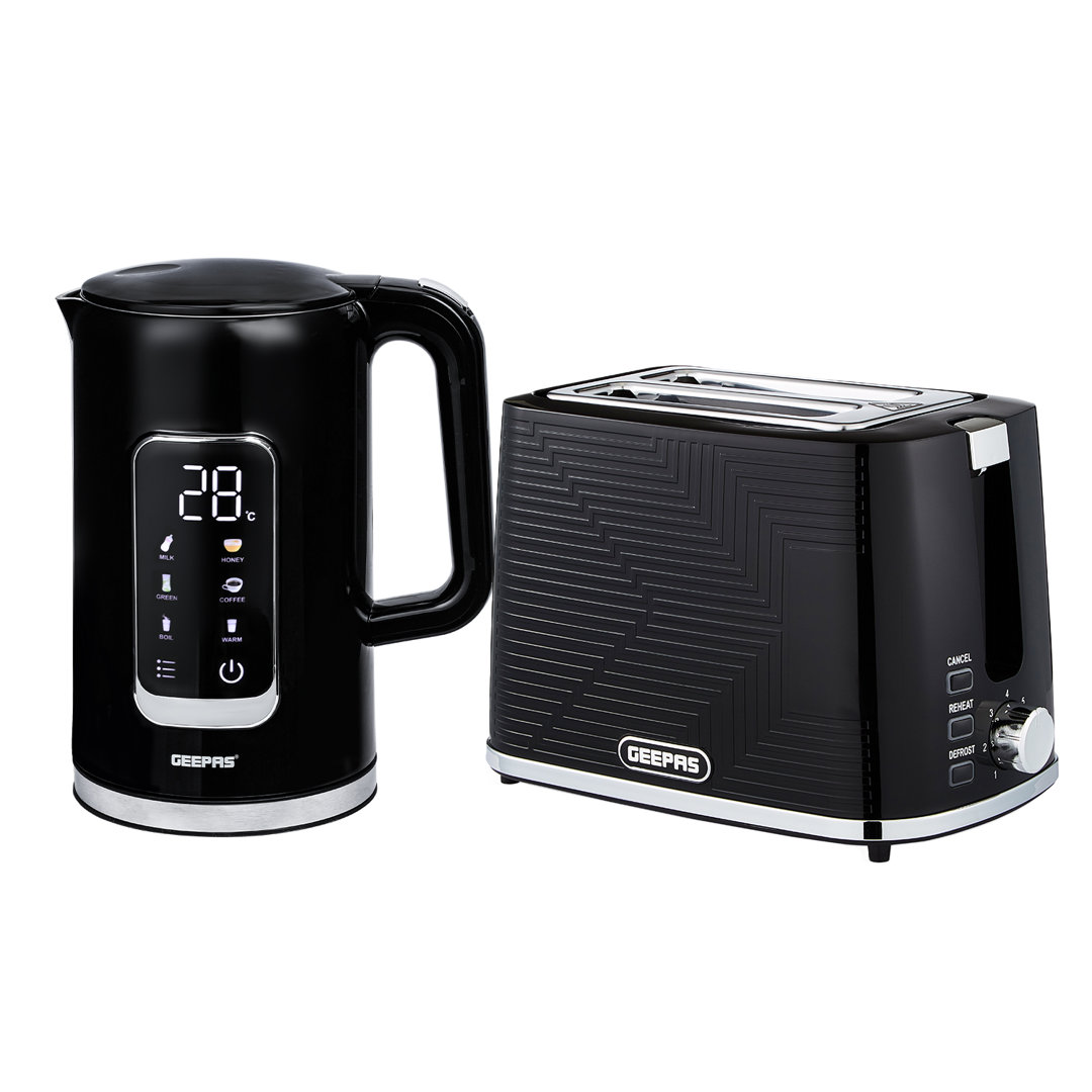 GEEPAS 1.7L Digital Electric Kettle & 2 Slice Bread Toaster Combo Set | 2200W Cordless Jug Kettle, Keep Warm Function | 900W Toaster with 7 Browning L