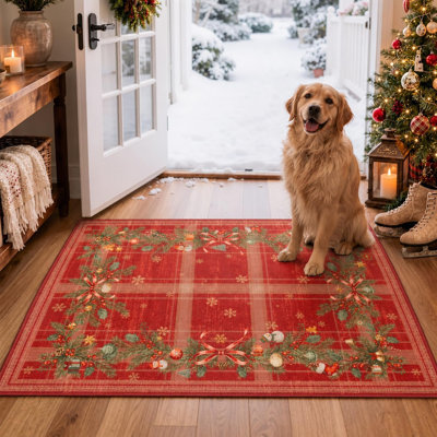 Tapis d'entrée de Noël 2 x 3 pi, tapis de cuisine écossais rouge pour les fêtes, tapis de salle de bain antidérapant de Noël doux, paillasson de tapis de guirlande d'hiver pour la décoration intérieure