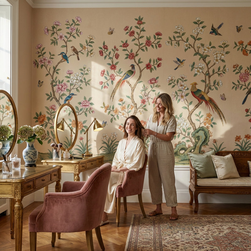 Papier peint floral, oiseaux, décor mural oriental amovible, 140" x 108", Peler et coller