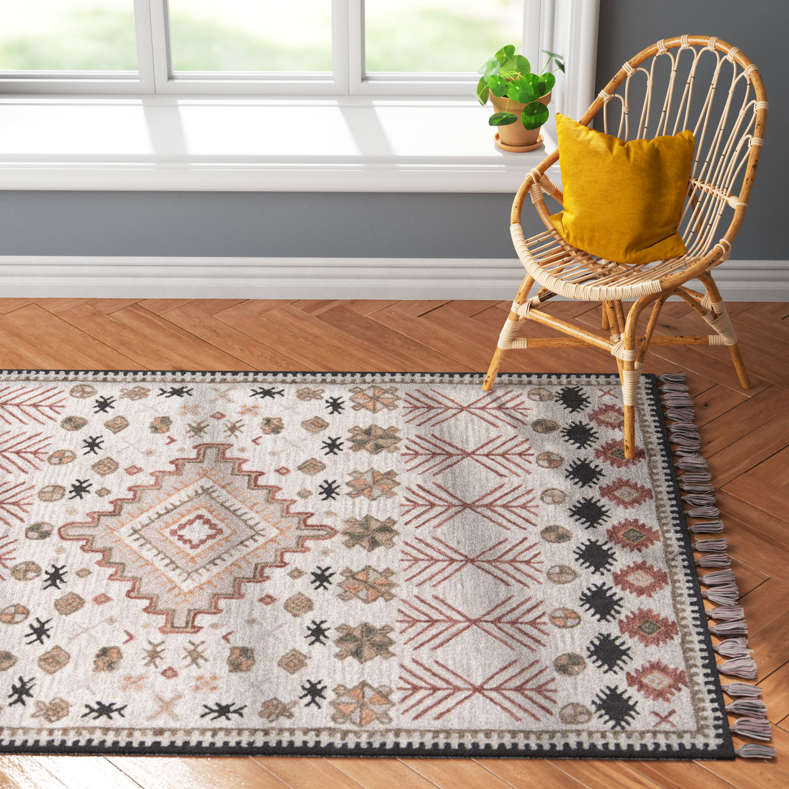 Anine Pink Beige Hand-Woven Wool Rug, Rectangle 5' x 8'
