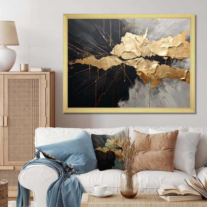 «Black and Gold Abstract Meditation I», art mural abstrait, Cadre doré simple, H 16 po x l 32 po x P 1 po