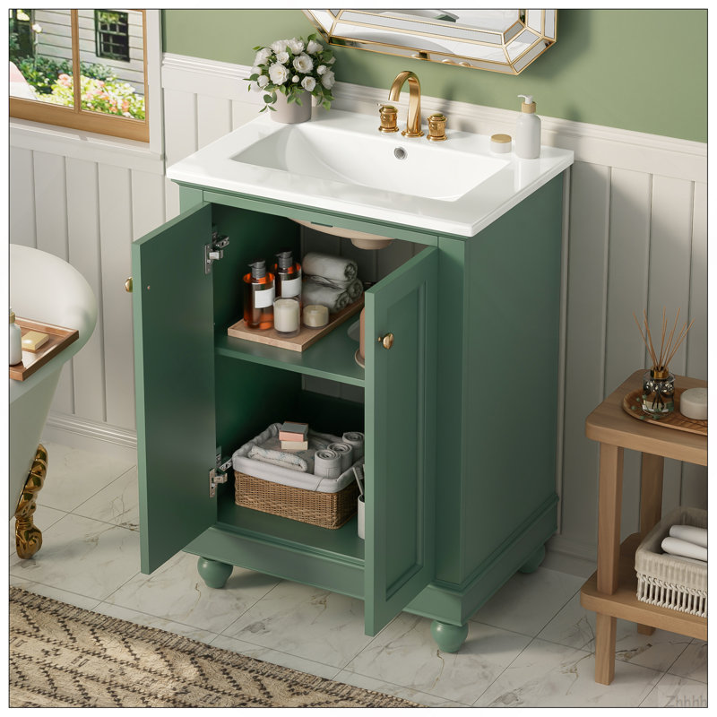 Meuble-lavabo moderne de 24 po de conception simple et élégante avec rangement à fermeture en douceur, tablette réglable, meuble-lavabo avec lavabo en céramique