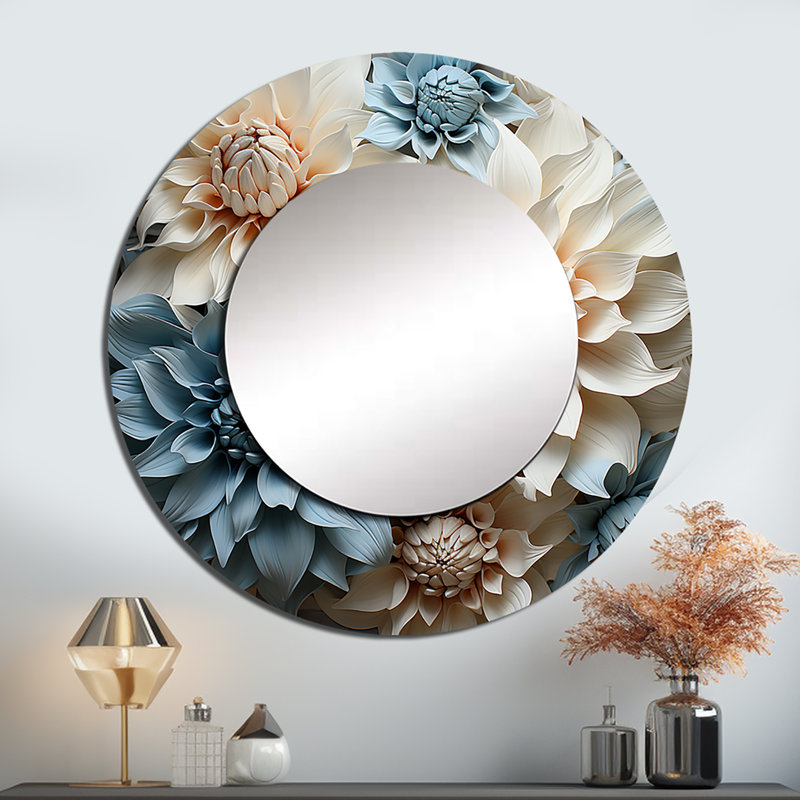 Blanc et bleu Dahlia Symphony IV - miroir Dahlia, miroir mural rond traditionnel unique, impression d'art en métal