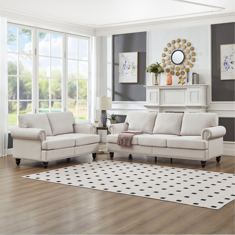 Canapé en tissu d'ameublement moderne et classique avec clous pour canapé 2 + 3 places., Beige