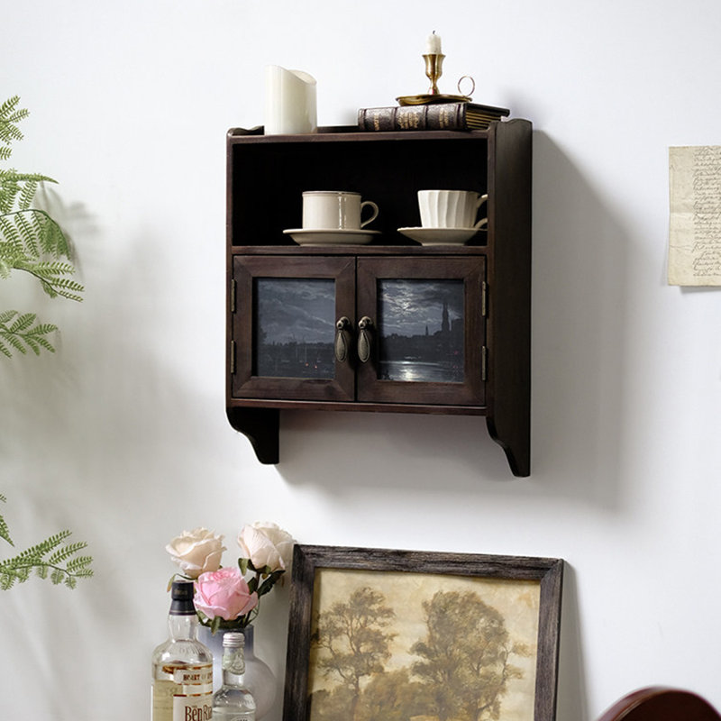 Armoire murale à 2 compartiments vintage en bois massif + bois manufacturé, armoire de rangement à dessus ouvert et double porte vitrée avec tablette décorative moderne pour la chambre à coucher, la salle de bain, la cuisine et le salon