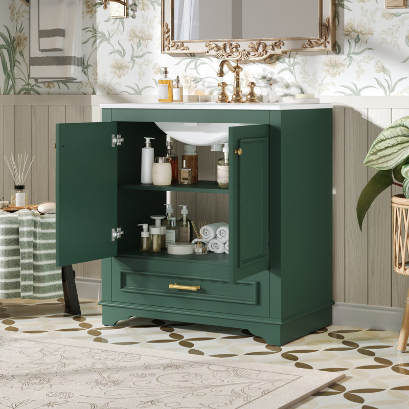  Meuble-lavabo autoportant avec cadre en bois massif 30 po avec 2 portes à fermeture douce et tiroir inférieur, vert, Vert