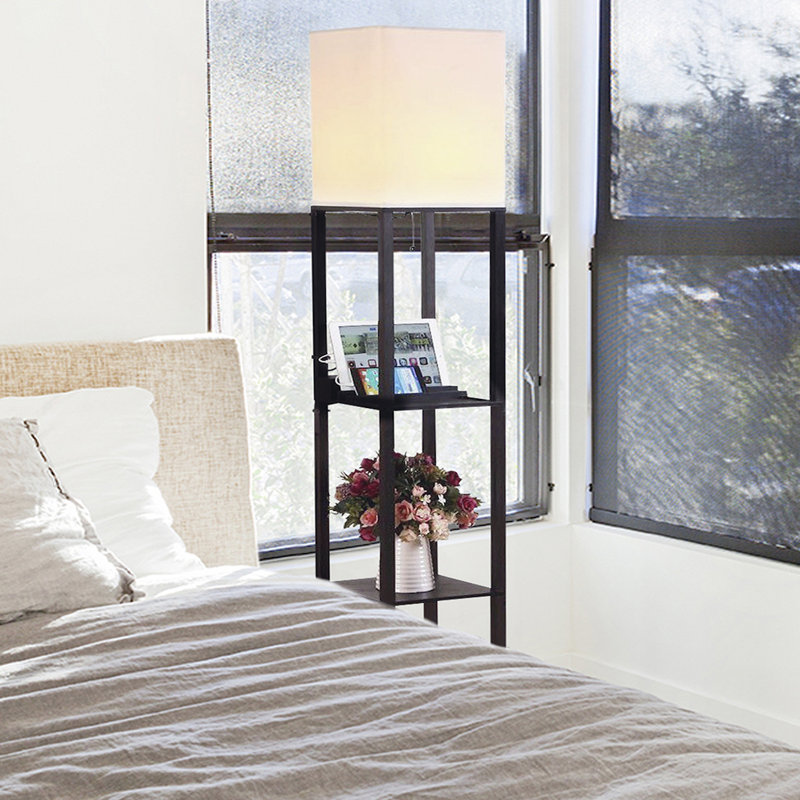 Maxwell 63 in. 3-Shelf USB-Charging LED Floor Lamp with Fabric Square Shade, Black, Beige