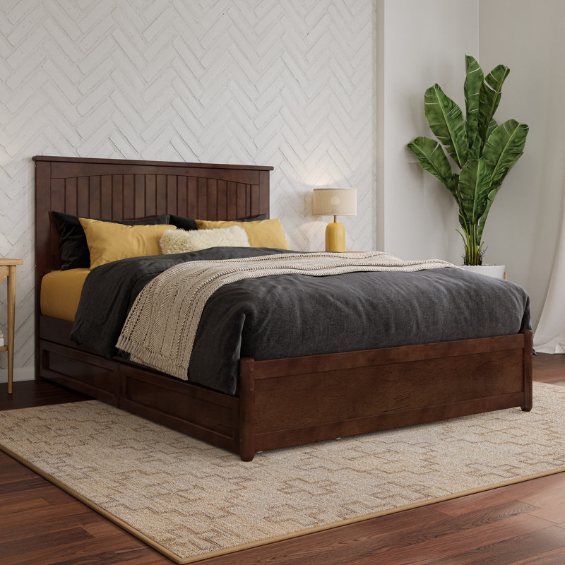 Lit plateforme en bois massif Lamaiyah avec pied de lit et tiroirs de rangement, Double, Noyer