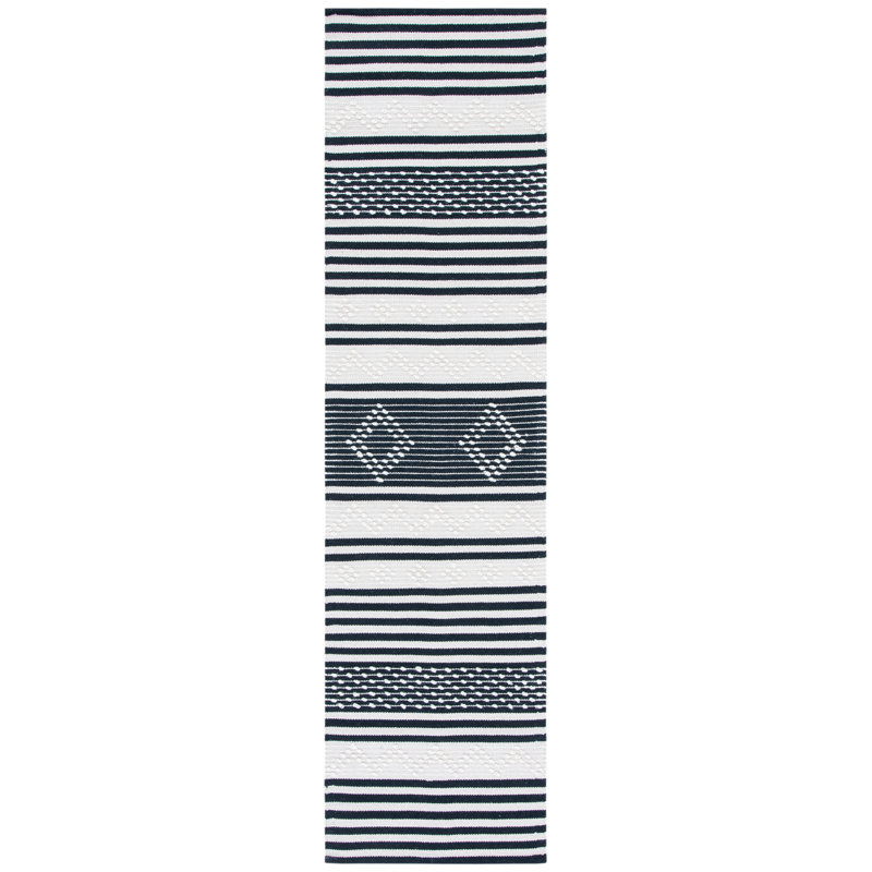 Trung Hand Woven Cotton/Wool Striped Rug in Cream/Black, Runner 2'3" x 11'7"