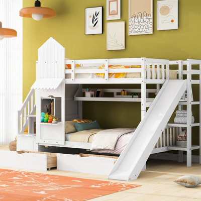 White Twintwin Bunk Bed With Design, 2 Drawers, 3 Shelves, Slide, Superior Quality For Long - Term Use Twin Style In White, Featuring Space Hanging