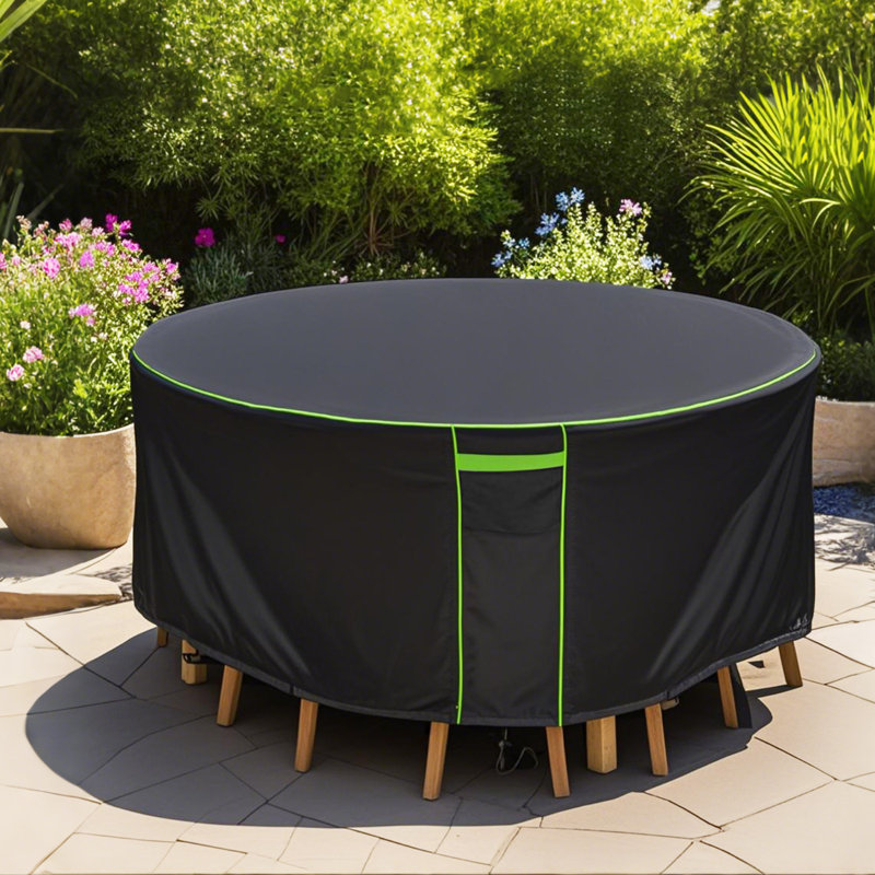 420D PU-Coated Black Round Table Cover with Green Piping, Waterproof Outdoor Protector/ Vents, Handles & Buckles, 73"D x 28"H