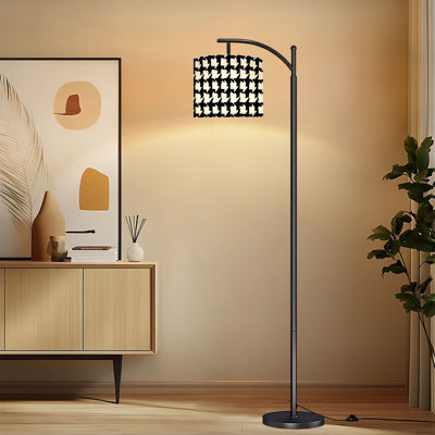 Lampe sur pied à arc avec abat-jour réglable Pied-de-poule à carreaux sans soudure Lampe sur pied à carreaux 3 températures et intensité variable avec interrupteur au pied pour la chambre à coucher
