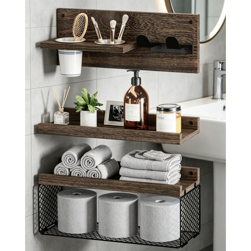 Étagères de salle de bain flottantes avec support pour sèche-cheveux, ensemble de rangement mural en bois rustique à 3 niveaux, support de rangement au-dessus de la toilette pour la salle de bain, brun foncé