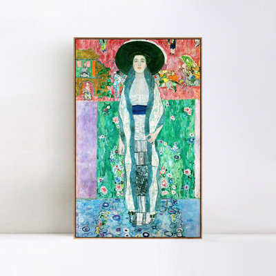 Reproduction giclée sur toile encadrée « Femme au chapeau » de Gustav Klimt, décoration murale pour salon, maison ou bureau (cadre fin couleur bois, 61 x 91 cm)