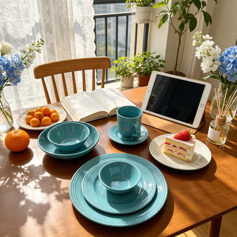 Service de table de 42 pièces en grès à pois nacrés, pour 6 personnes, Turquoise