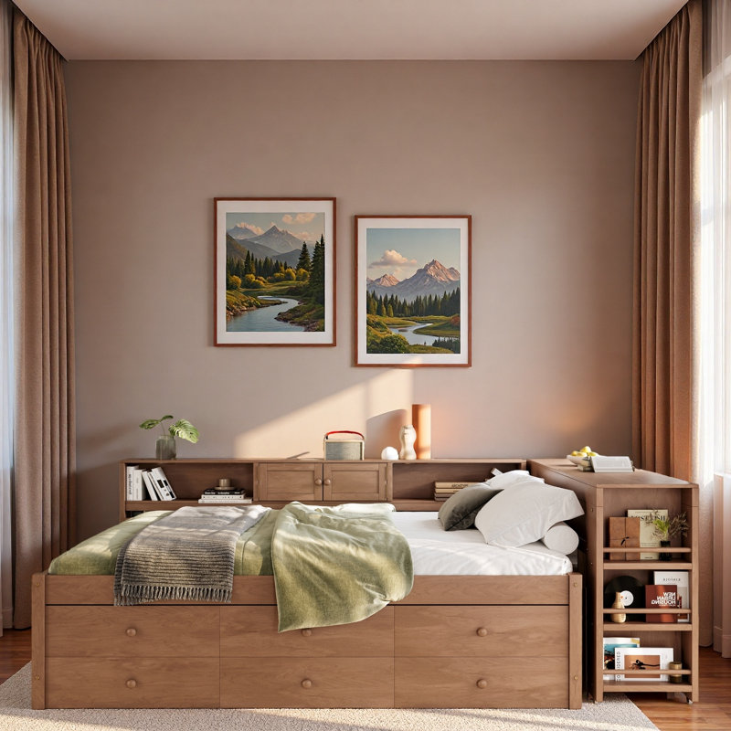 Lit de jour en bois avec tiroirs de rangement, tablettes latérales, bureau et lit gigogne, Double, Brun rétro