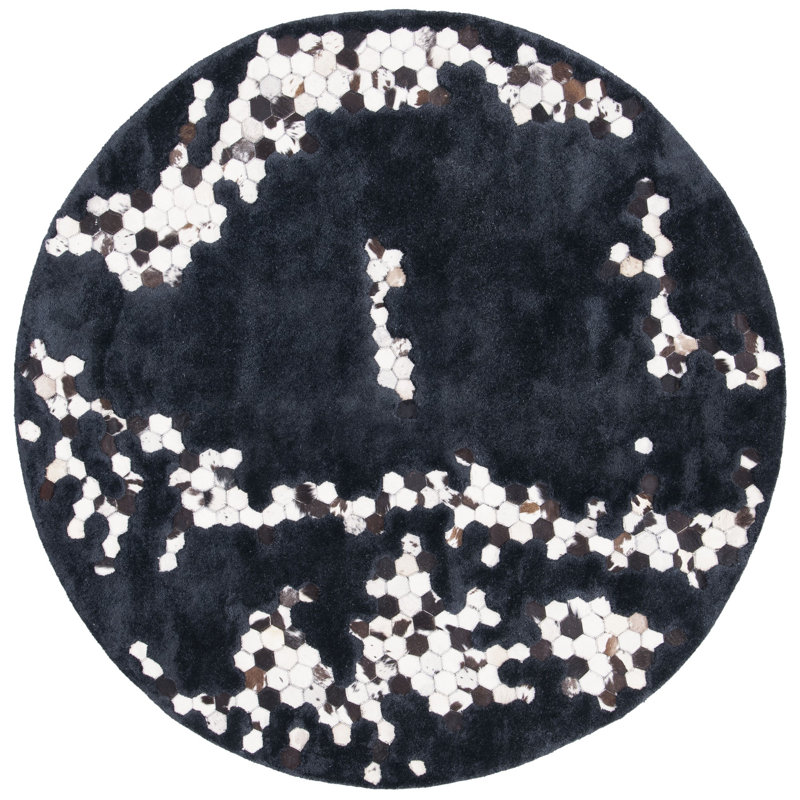 Tapis noir en viscose / cuir / coton touffeté à la main Jarrell, Rond 6 pi