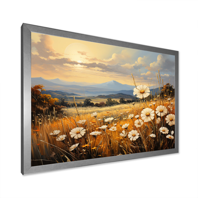 Magnifique champ de fleurs chaudes sur toile, Cadre simple argenté, H 30 po x l 40 po x P 1,5 po