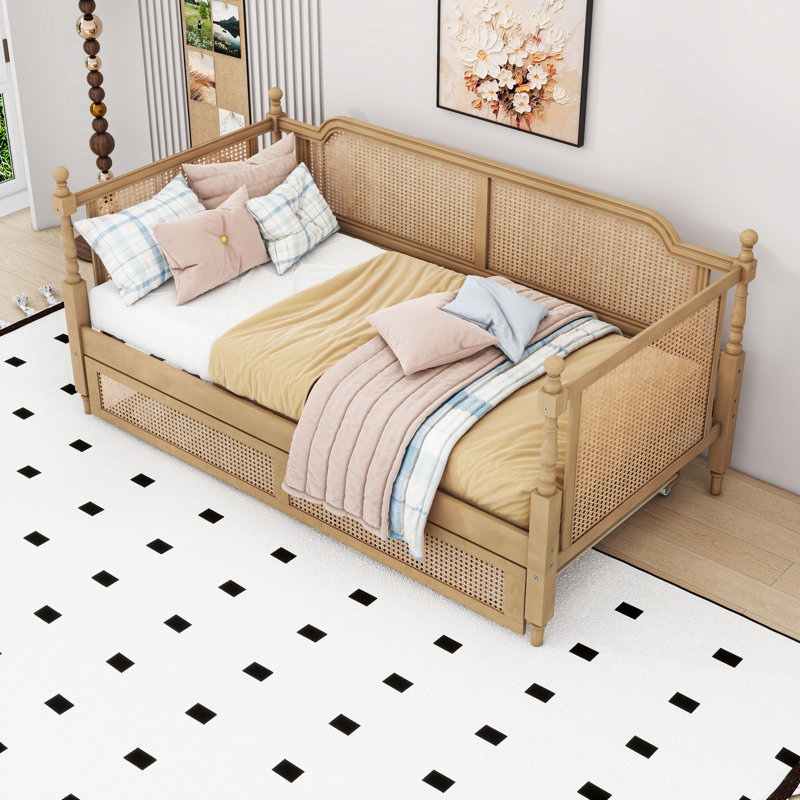 Wooden Daybed with Trundle and Durable Construction, Twin, Antique Walnut