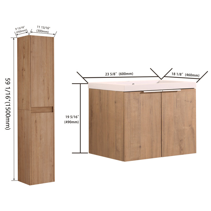 Meuble-lavabo mural 24 po avec lavabo et armoire latérale, portes